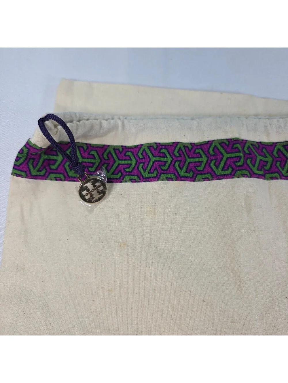 New Tory Burch Canvas Dust Bag Set of 2 Logo Drawstring Gold Charm Cream Multi